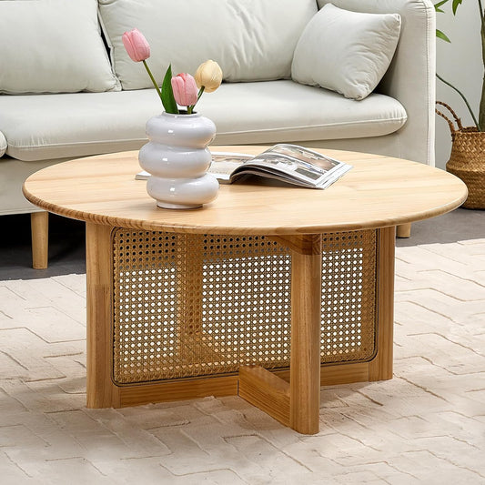 Rattan Coffee Table, 33 Inch Solid Wood Coffe Table with PE Rattan Stand, Unique Modern round Coffee Table for Living Room, Natural