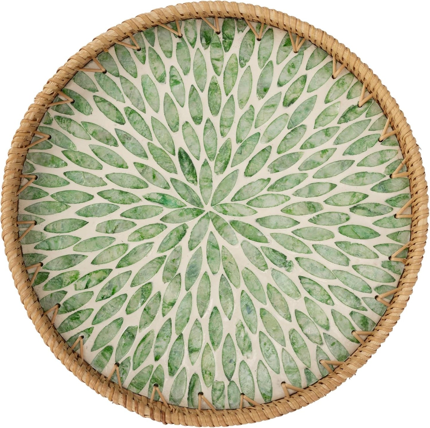 Decorative Coffee Table Trays for Home Decor, round Rattan Tray with Mother of Pearl Inlay, Small Wicker Woven Serving Tray Decor for Kitchen Counter, Living Room and Ottoman, Green