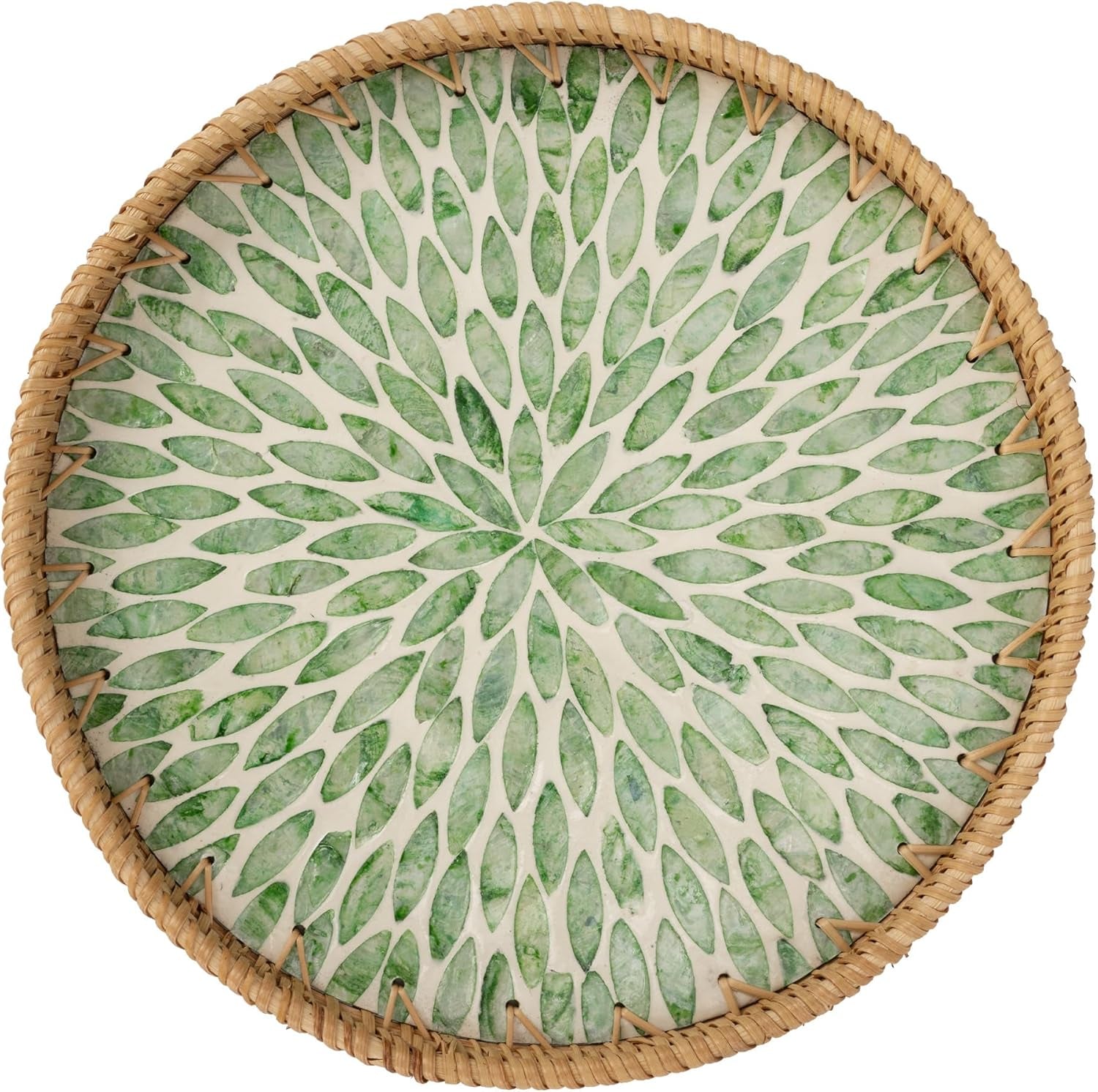 Decorative Coffee Table Trays for Home Decor, round Rattan Tray with Mother of Pearl Inlay, Small Wicker Woven Serving Tray Decor for Kitchen Counter, Living Room and Ottoman, Green