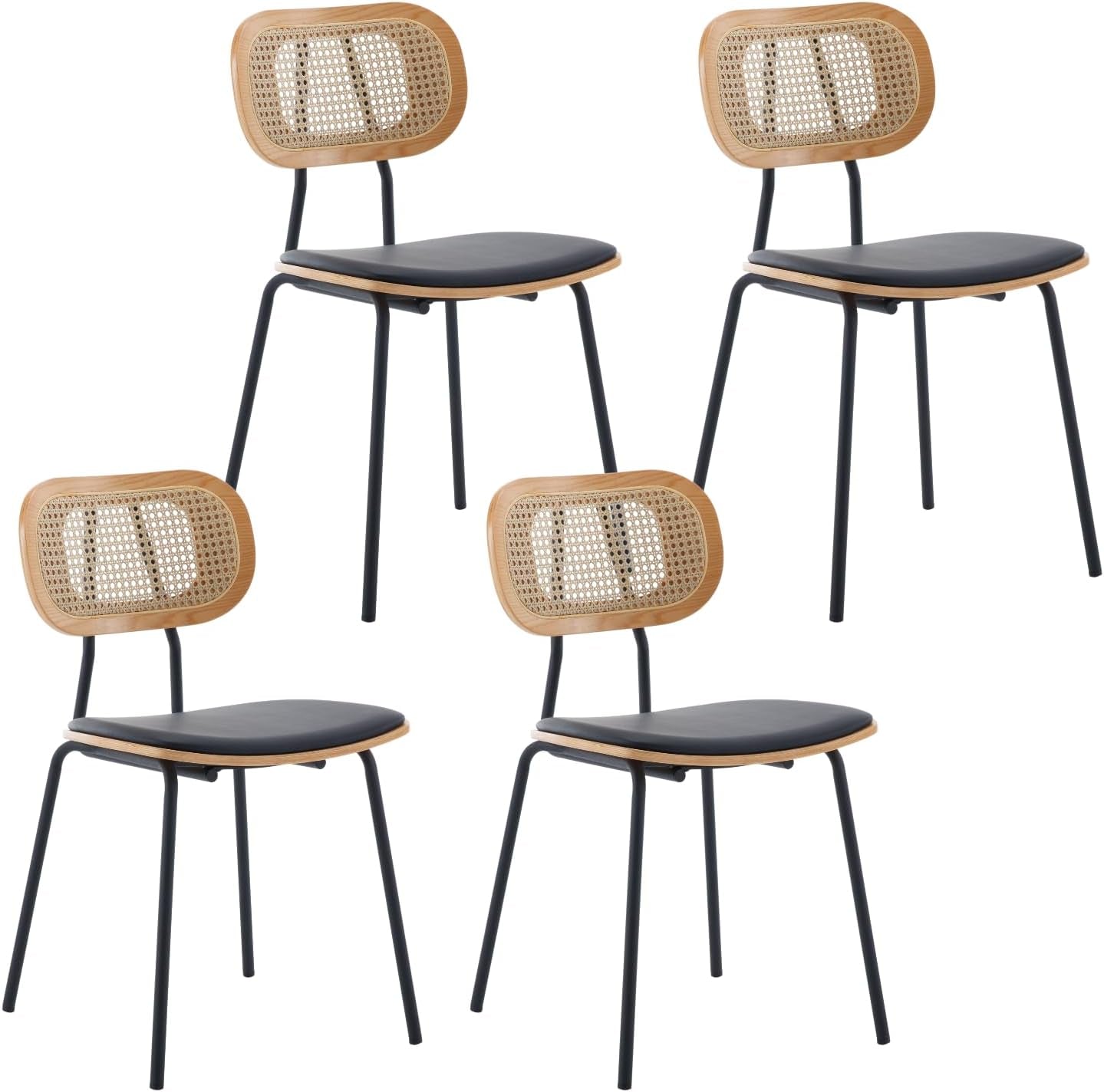 Dining Chairs Set of 2, Upholstered Faux Leather Rattan Dining Chairs with Backrest and Metal Legs, Armless Kitchen Rattan Chairs for Dining Room, White