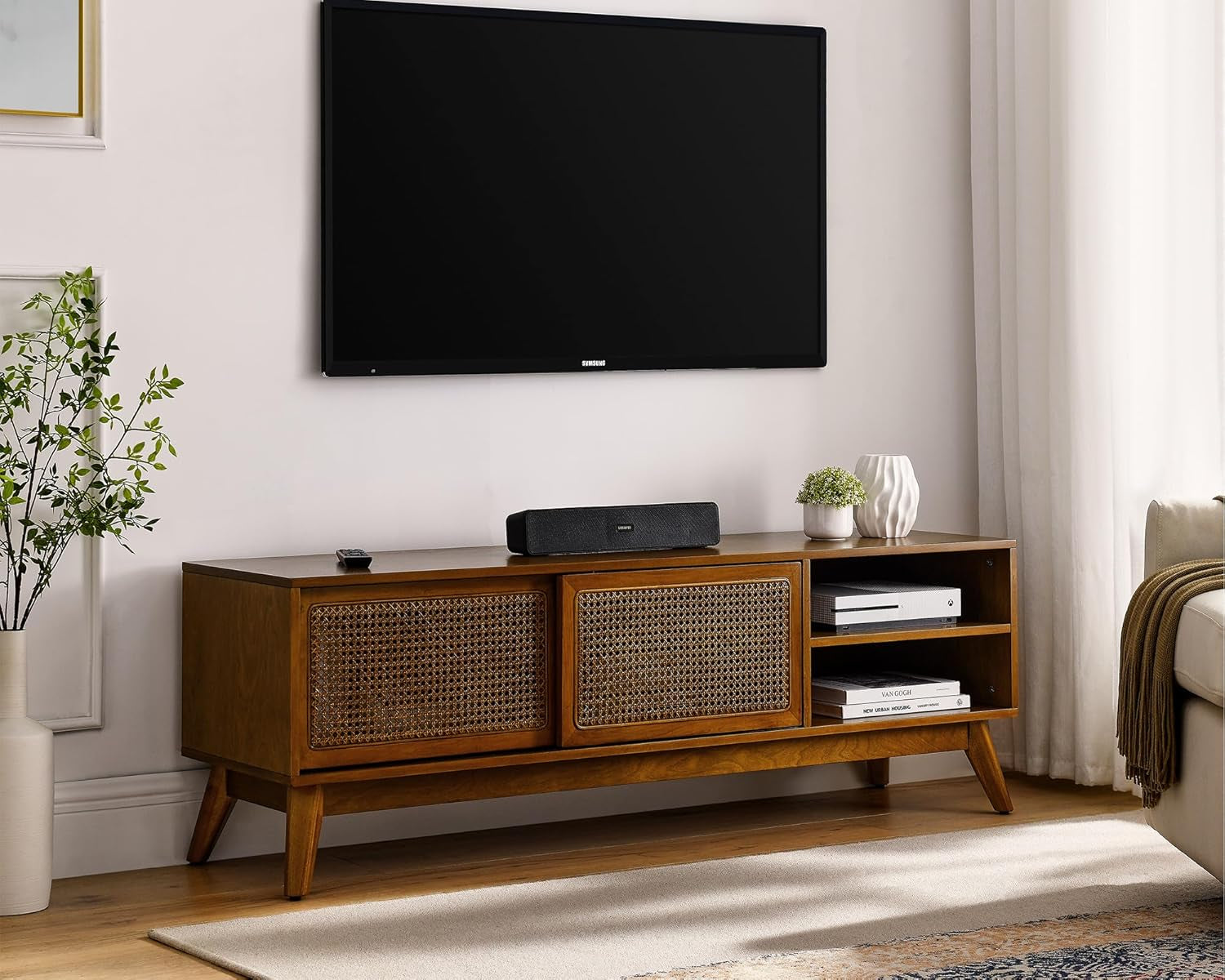 59 Inch Mid Century Modern TV Stand with Rattan Doors, Entertainment Center Media Console for 55/60/65 Inch TV, Boho/Mcm Television Stand for Living Room/Bedroom, Light Wood