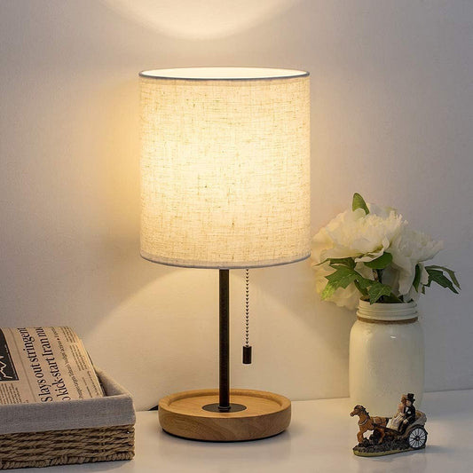 Bedside Table Lamp - Modern Nightstand Lamp with Linen Fabric Shade Wooden Desk Lamps for Bedrooms, Office, College Dorm, Dinning Room, Girls Room - 16 Inches (HT-AD005)