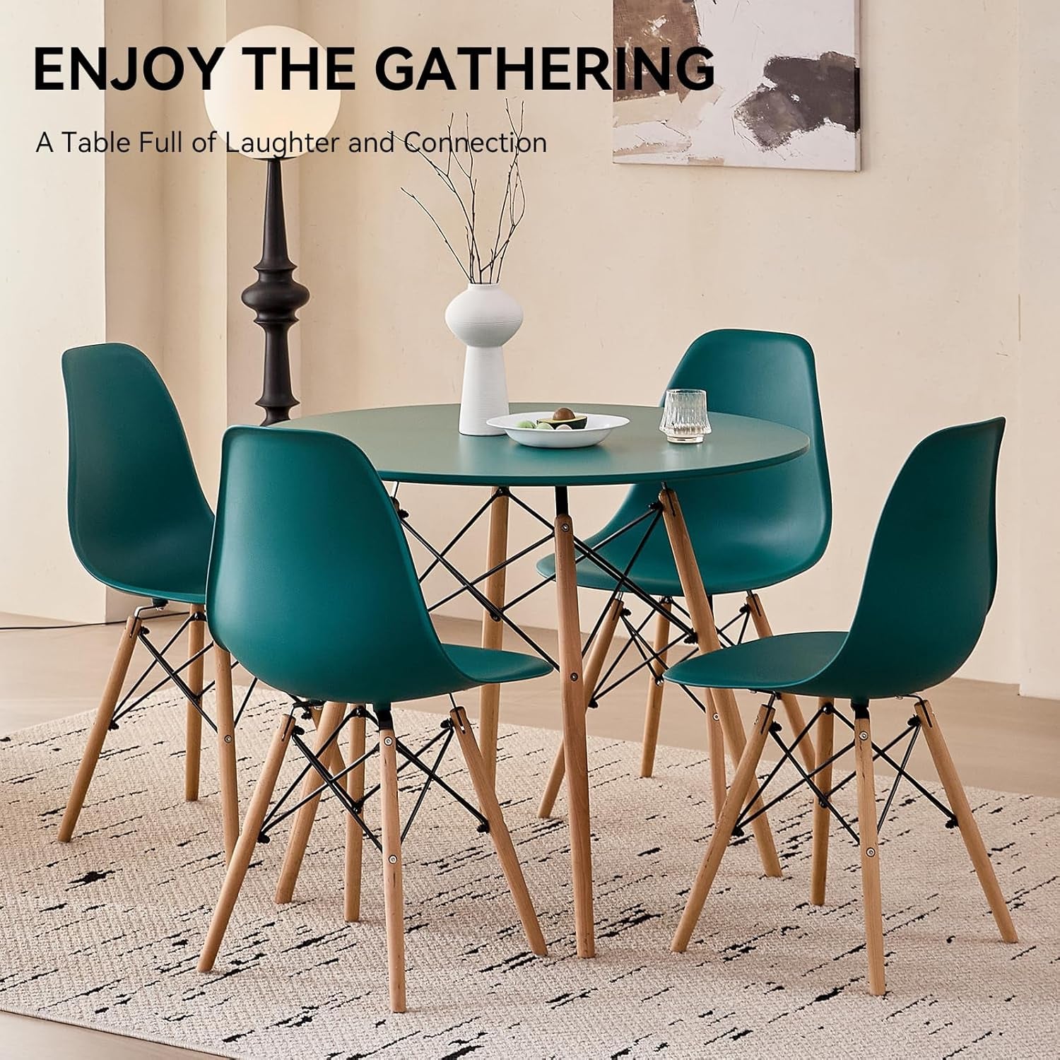 5-Piece round Dining Table Set, Small 31.5" Kitchen Table Chairs Set of 4 Space Saving Furniture, Plastic Seats, Solid Wood Legs, for Living Room Apartment Office Home, Green