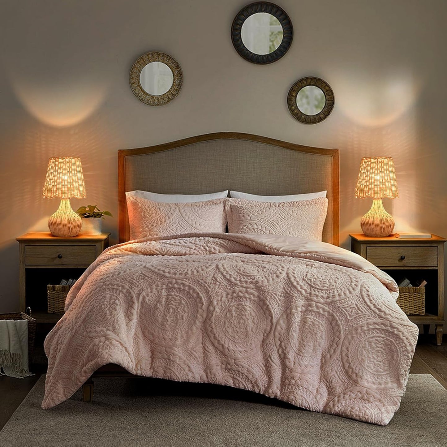 Rattan Small Bedside Table Lamp for Bedroom, Boho Mini Table Lamps for Nightstand, Farmhouse Small Table Lamps for Small Spaces for Kitchen Counter, Bookshelf, Bedroom, Kids Dorm