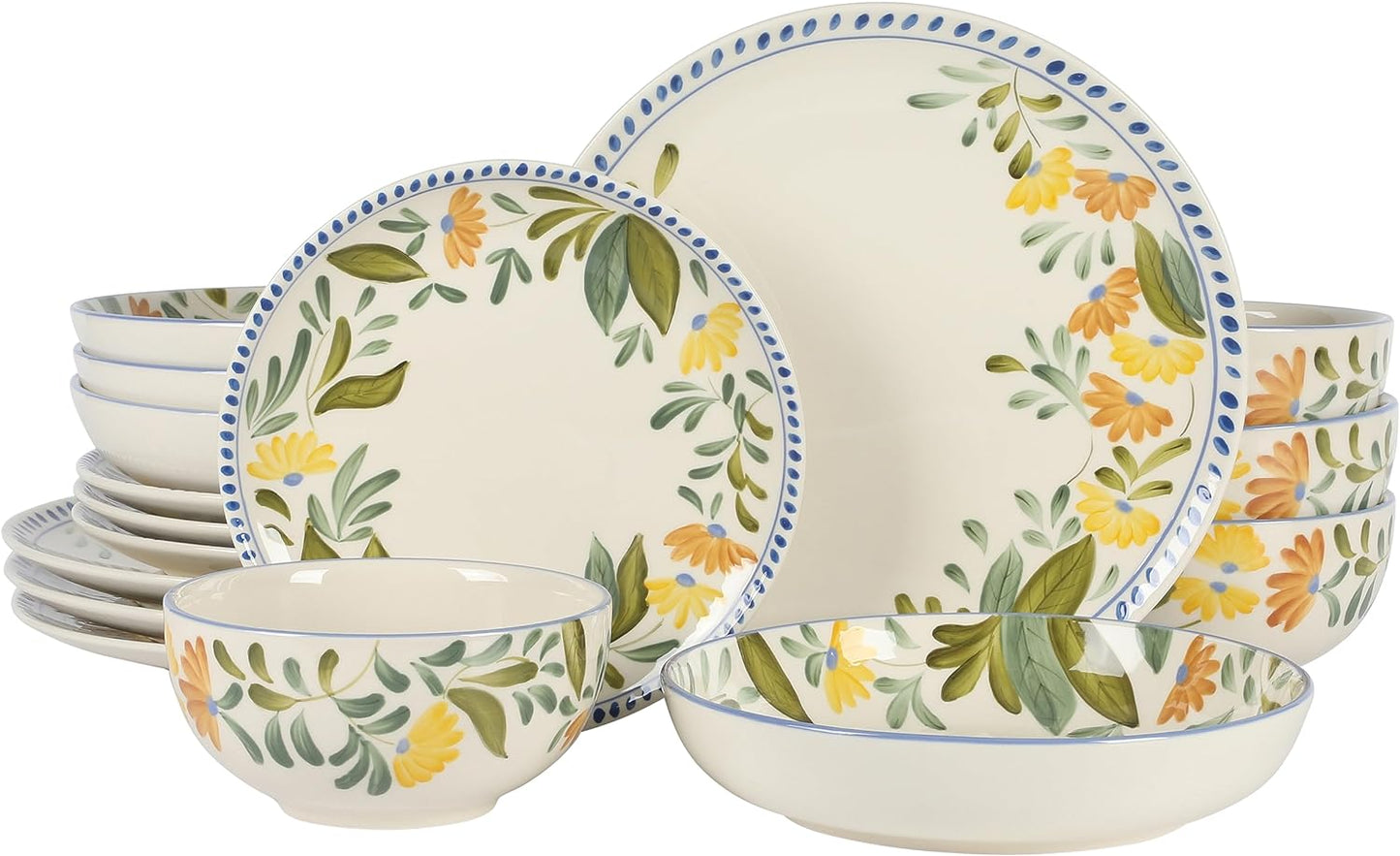 Oprah'S Favorite Things - Posy Blossom Double Bowl Hand Painted Stoneware Plates and Bowls Floral Dinnerware Set, Service for Four (16Pcs)