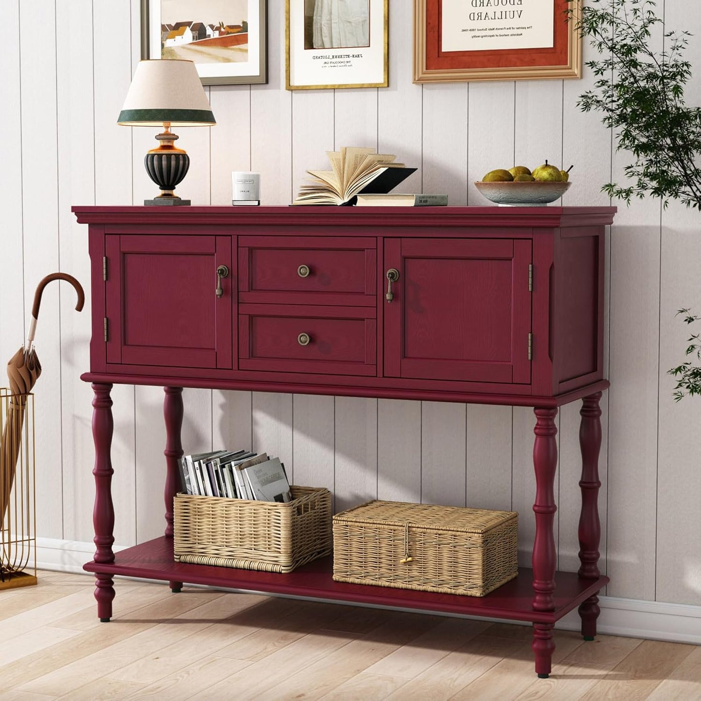 Console Table with 2 Drawers, Retro Entryway Table with 2 Door Cabinets and Open Storage Shelf, Narrow Long behind Couch Sofa Table for Living Room, Foyer, Hallway, Green