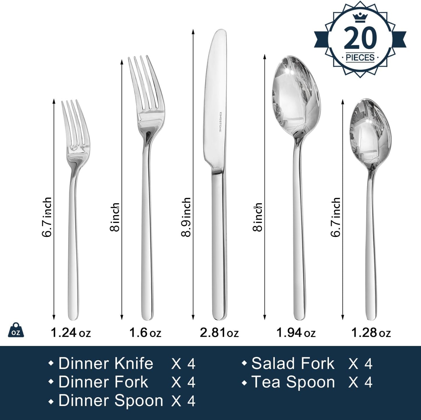Silverware Set, 20 Piece Flatware Cutlery Set for 4, 18/10 Stainless Steel Silverware Mirror Polished Dishwasher Safe for Home, Restaurant, Wedding, Party(Silver, 20 Pieces for 4)