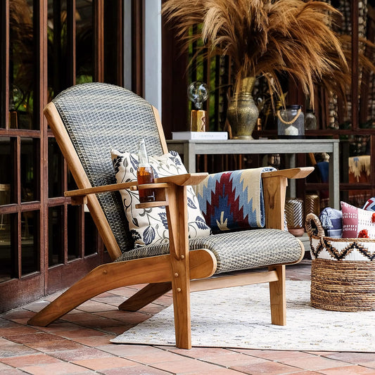 Auburn Padded Upholstered Outdoor Adirondack Chair, Teak Wood and All-Weather Wicker