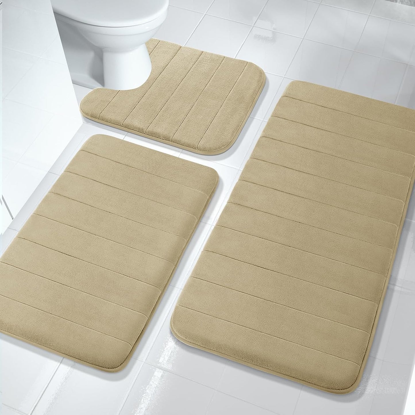 3 Pieces Memory Foam Bath Mat Set with U-Shaped Toilet Rug - Non Slip Super Soft Absorbent Quick Dry Bathroom Rugs for Bathtub, Vanity & Toilet Base, Beige