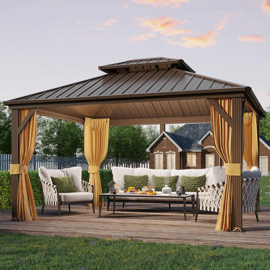 10' X 12' Hardtop Gazebo, Metal Gazebo with Aluminum Frame, Double Galvanized Steel Roof, Curtains and Netting Included, Pergolas for Patios, Garden, Parties, Lawns