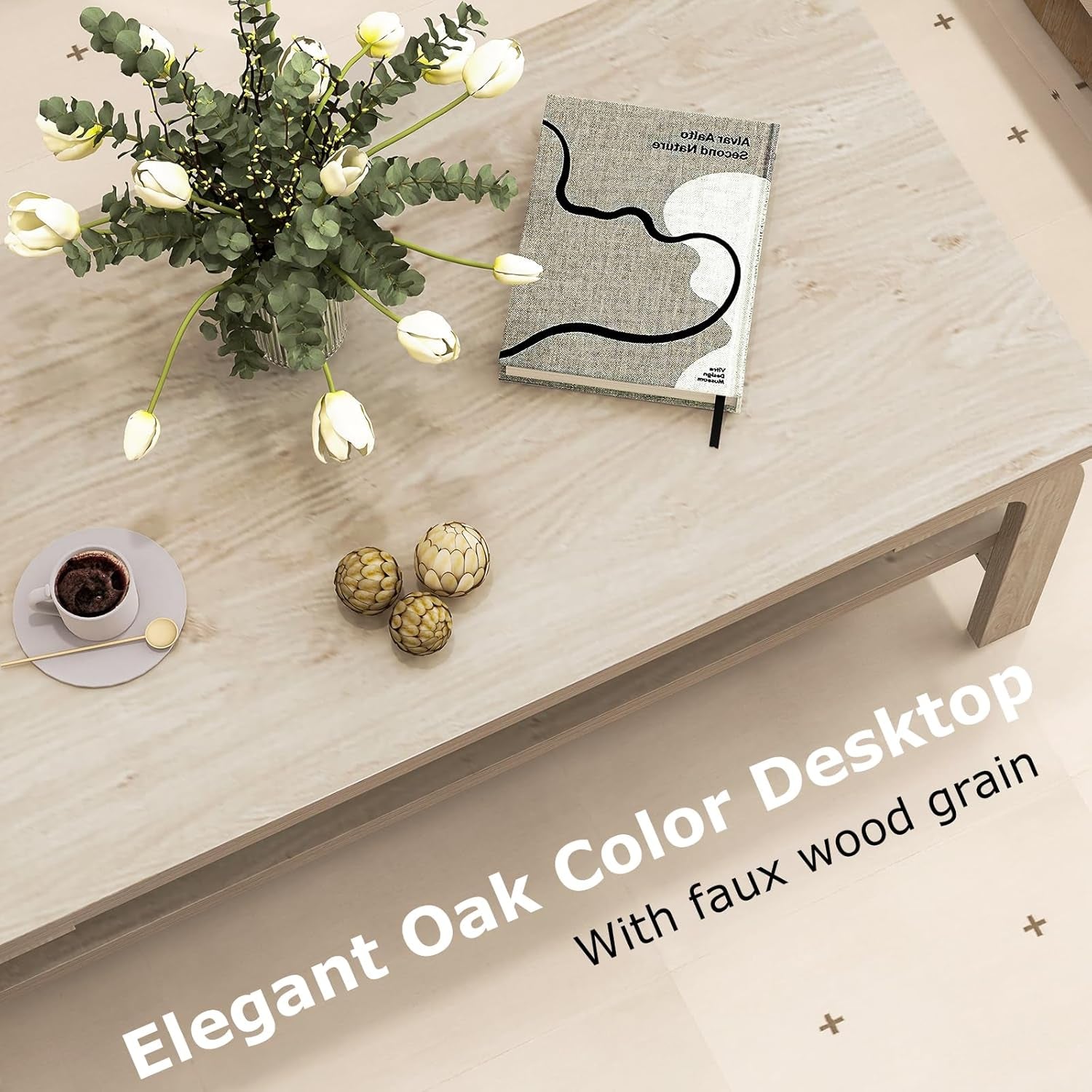 2-Tier Coffee Table with Storage, 47” Mid Century Rectangle Accent Table with Open Shelf, Large Tabletop & Curved Legs, Rustic Style Wood Cocktail, Center Table for Living Room, Natural