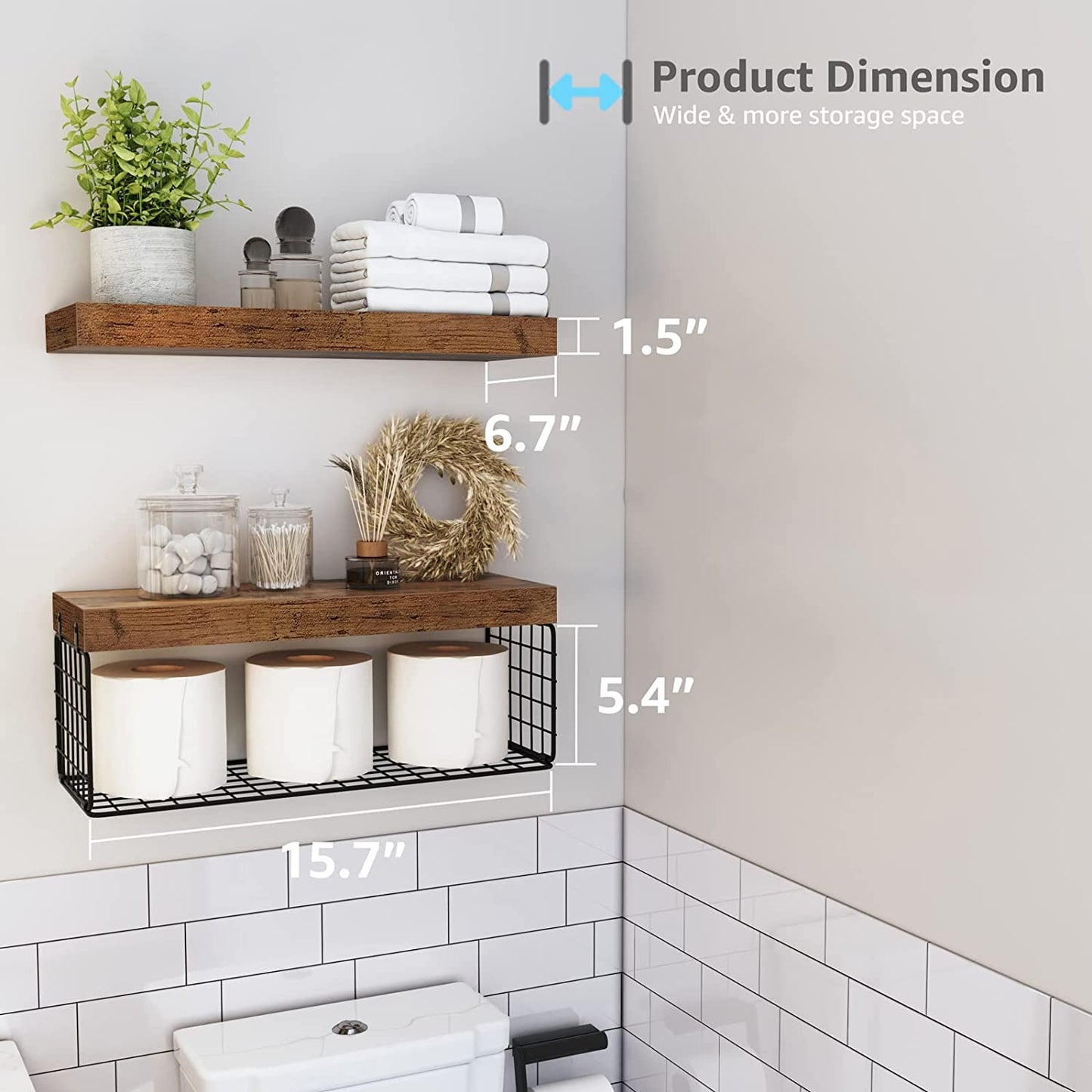 Bathroom Shelves over Toilet - Wall Mounted Floating Shelves Toilet Paper Storage Small Farmhouse Decor Shelf 16 Inch Set of 2, Rustic Brown (019-BN2)