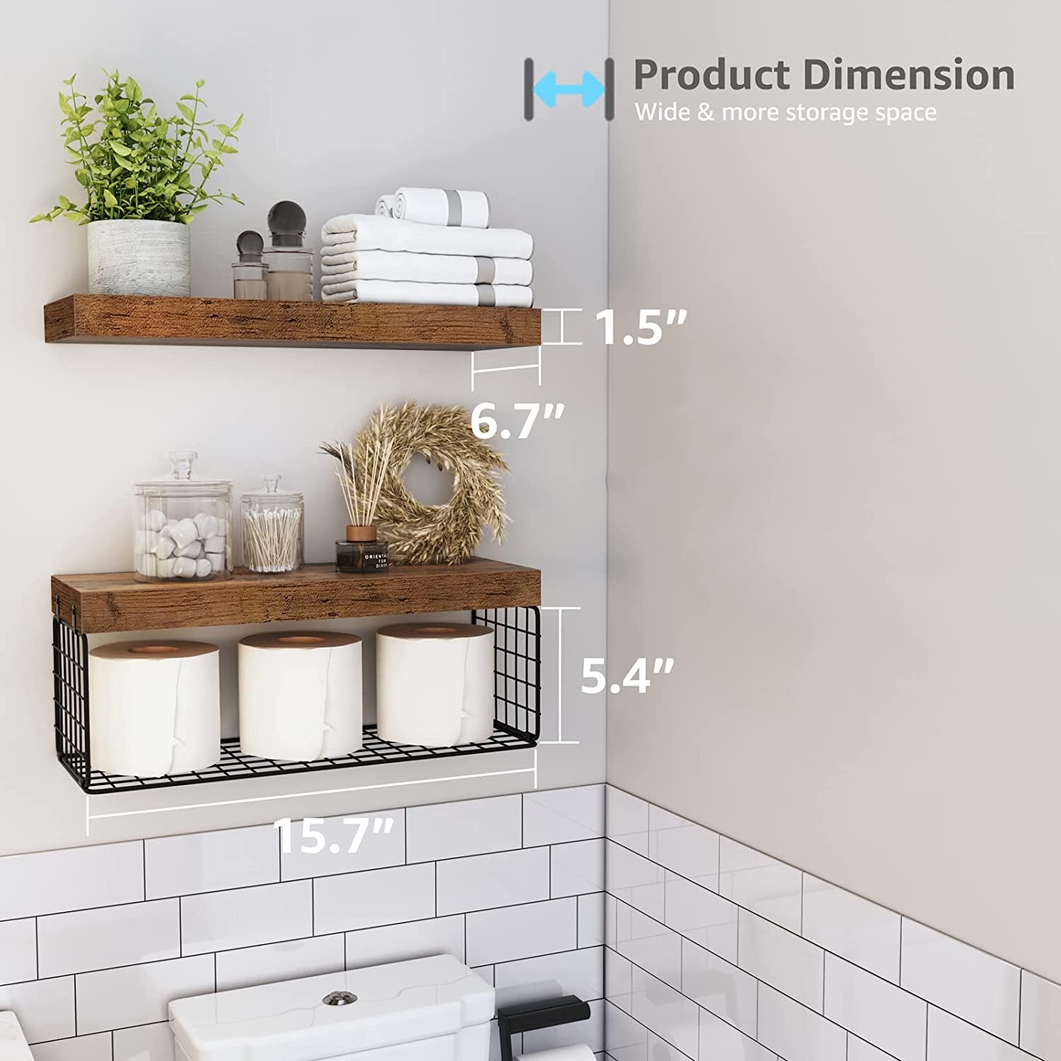 Bathroom Shelves over Toilet - Wall Mounted Floating Shelves Toilet Paper Storage Small Farmhouse Decor Shelf 16 Inch Set of 2, Rustic Brown (019-BN2)