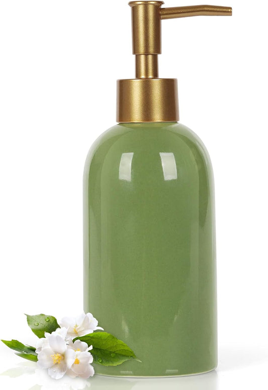 14OZ Ceramic Soap Dispenser Ceramic Soap Pump Dispenser Can Fill Liquid for Bathroom/Kitchen (Green)
