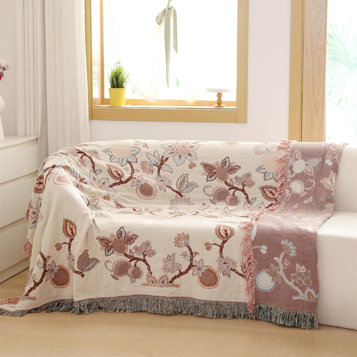 Boho Throw Blanket, 100% Cotton Ultra Soft Luxury Throw Rustic Quilt, Muslin Breathable Soft Bed Throw ，All Throw for Sofa Couch Chair 60×80 Inch (Purple Flower Branch, 60X80 Inch)