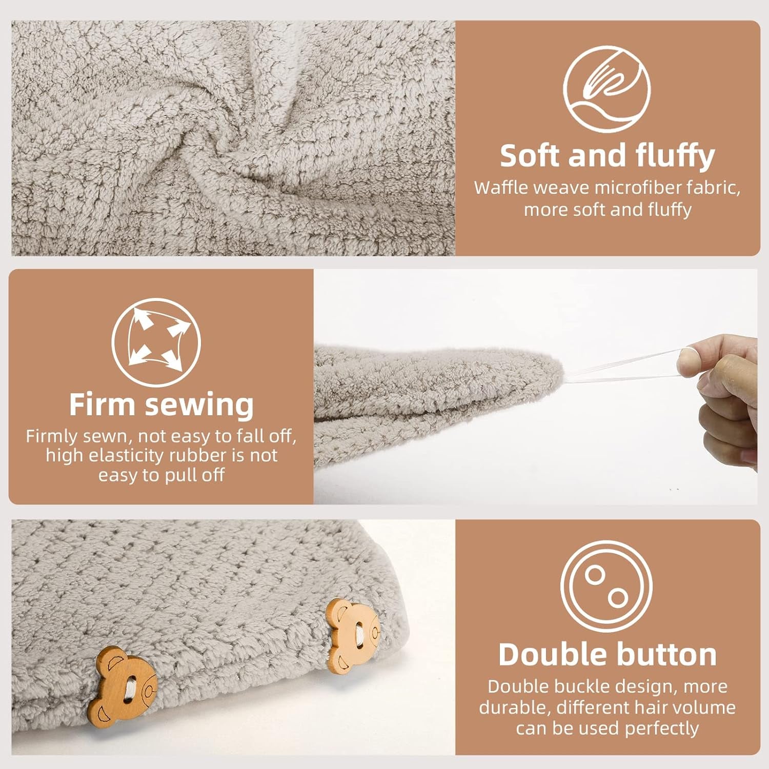 3 PCS Microfiber Hair Towel - Wraps for Wet Hair, anti Frizz Turbans, for Curly Hair (Beige, Khaki, Grey)
