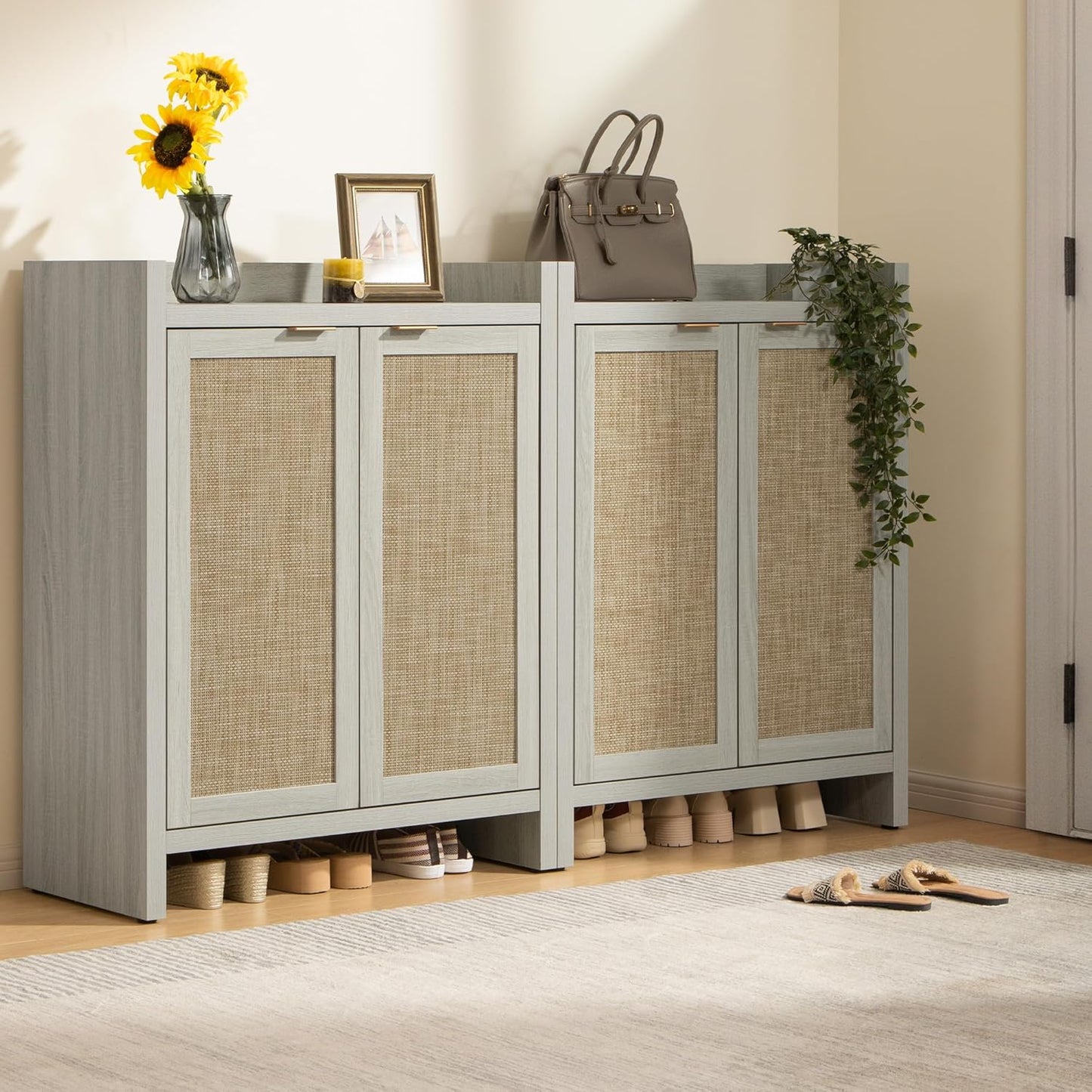 Shoe Cabinet, 24 Pair Shoe Storage Organizer Cabinet, 41" Tall Rattan Shoe Cabinet with Doors and Shelves, 6-Tier Farmhouse Boho Wooden Storage Cabinet for Entryway Hallway Closet