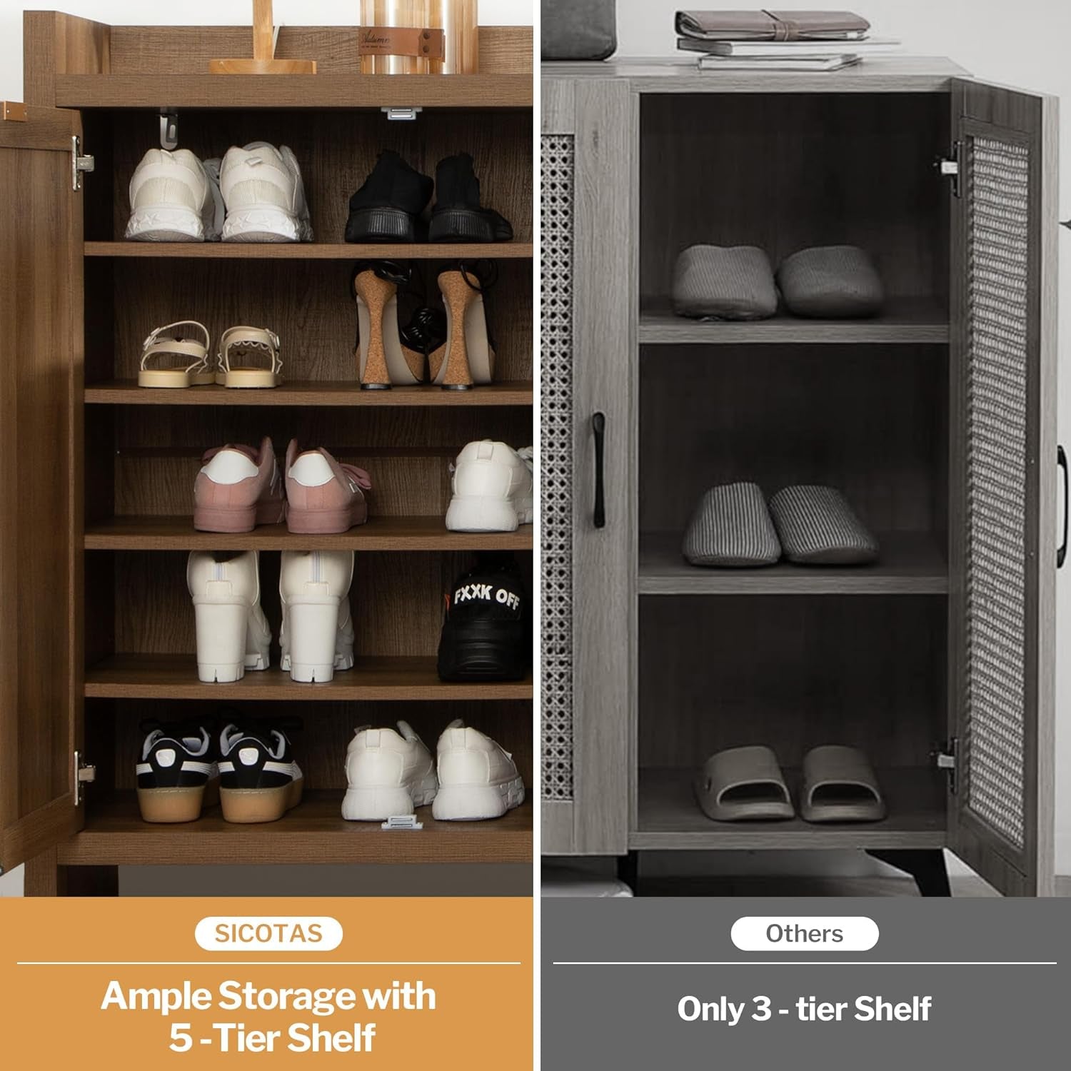 Shoe Cabinet, 24 Pair Shoe Storage Organizer Cabinet, 41" Tall Rattan Shoe Cabinet with Doors and Shelves, 6-Tier Farmhouse Boho Wooden Storage Cabinet for Entryway Hallway Closet