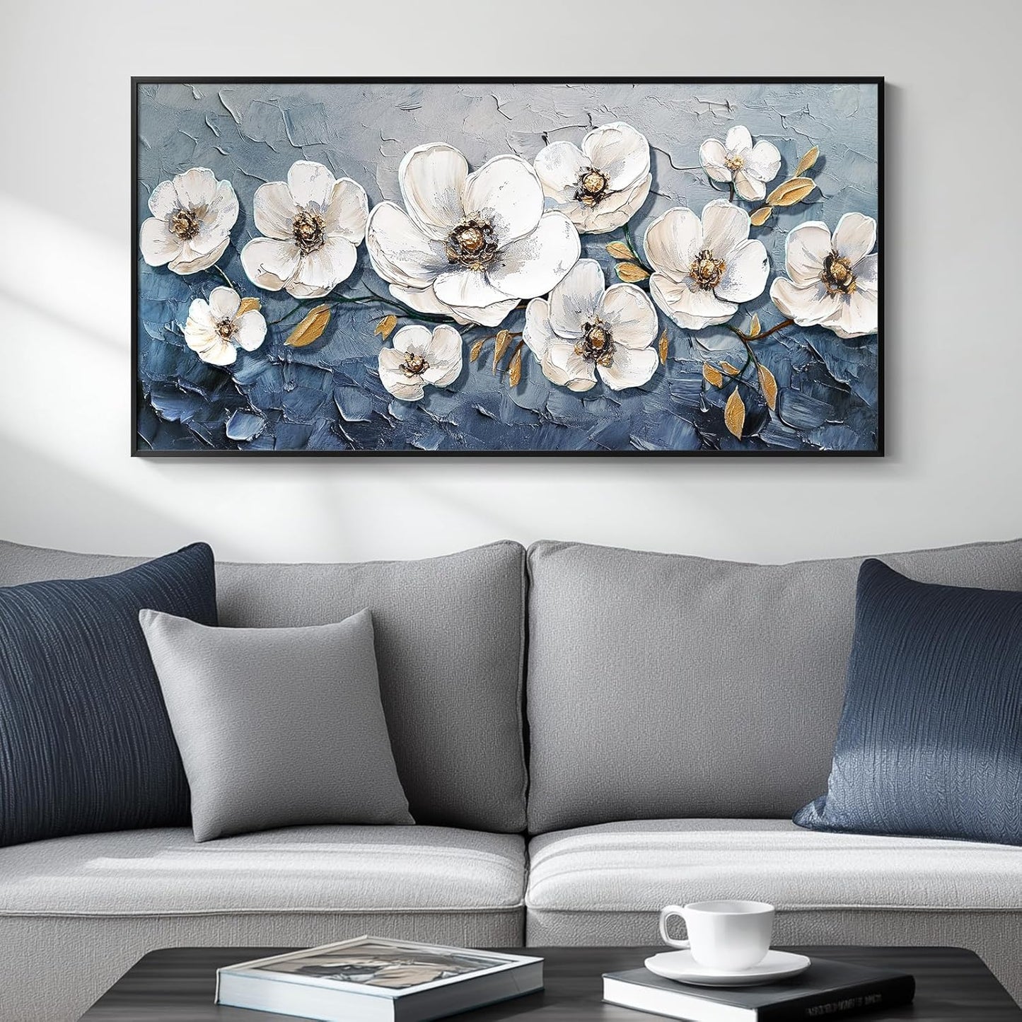Extra Large Framed Floral Wall Art for Living Room, Colorful Bright Orange and White Flowers Canvas Artwork for Walls, Contemporary Blossom Watercolor Painting Picture Prints for Bedrooom Hallway 30X60 Inch
