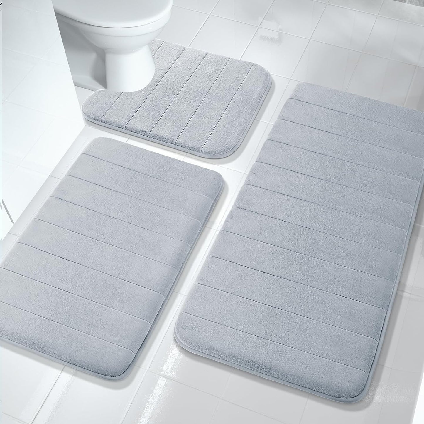 3 Pieces Memory Foam Bath Mat Set with U-Shaped Toilet Rug - Non Slip Super Soft Absorbent Quick Dry Bathroom Rugs for Bathtub, Vanity & Toilet Base, Beige