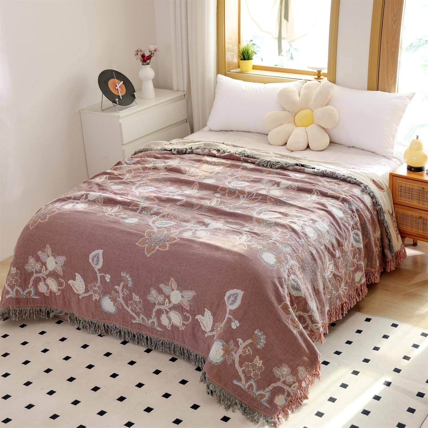 Boho Throw Blanket, 100% Cotton Ultra Soft Luxury Throw Rustic Quilt, Muslin Breathable Soft Bed Throw ，All Throw for Sofa Couch Chair 60×80 Inch (Purple Flower Branch, 60X80 Inch)