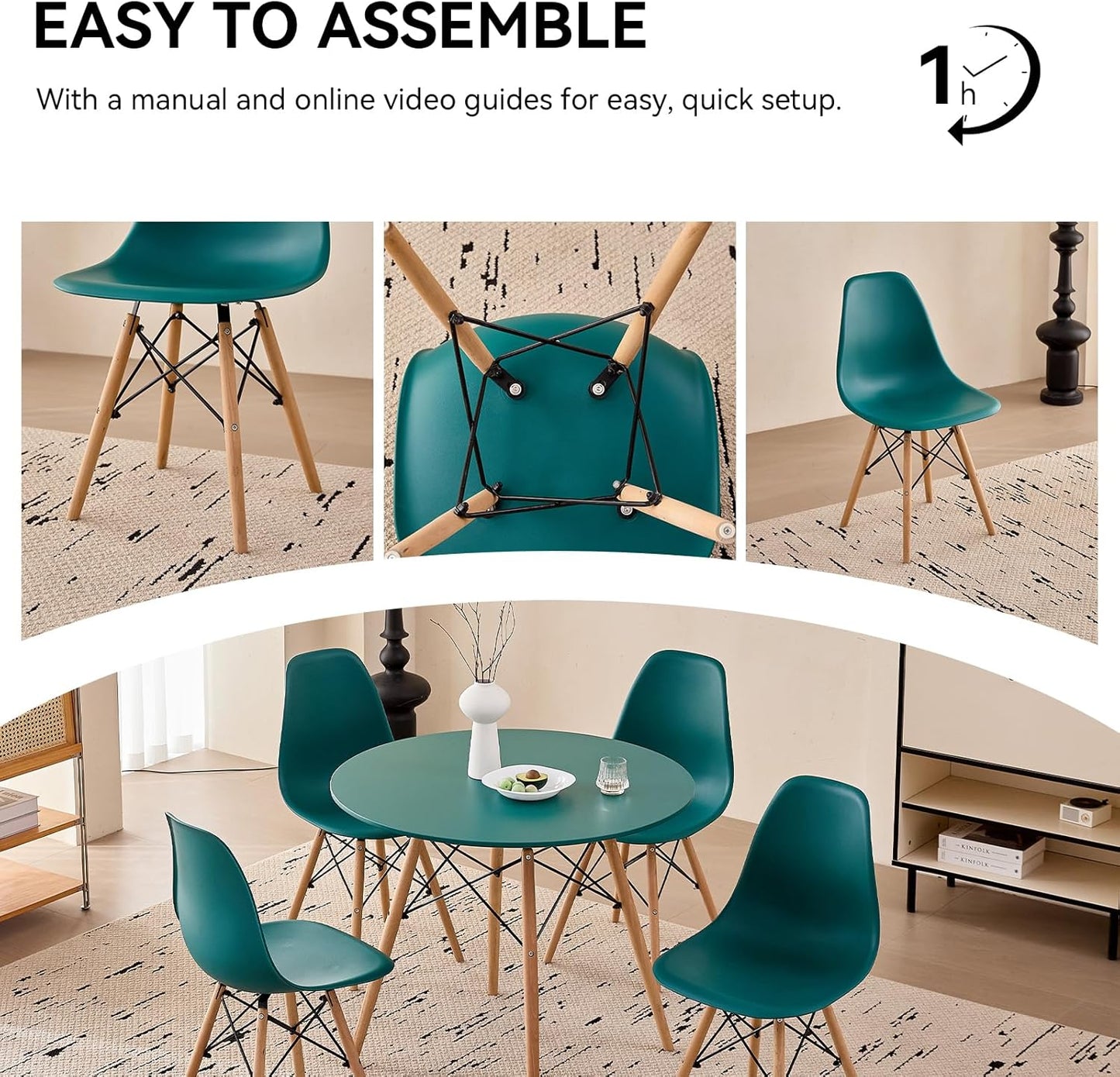 5-Piece round Dining Table Set, Small 31.5" Kitchen Table Chairs Set of 4 Space Saving Furniture, Plastic Seats, Solid Wood Legs, for Living Room Apartment Office Home, Green