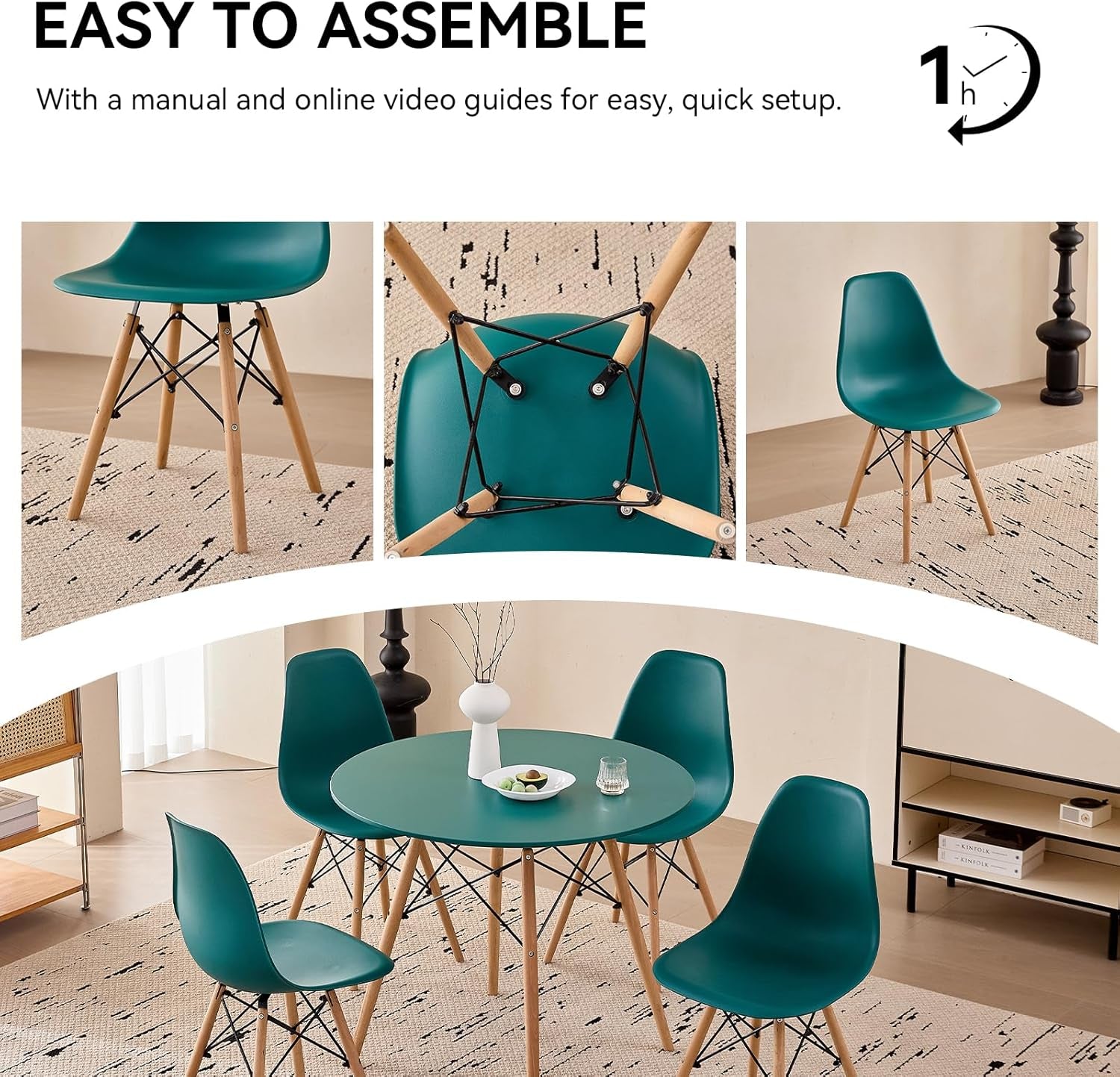 5-Piece round Dining Table Set, Small 31.5" Kitchen Table Chairs Set of 4 Space Saving Furniture, Plastic Seats, Solid Wood Legs, for Living Room Apartment Office Home, Green