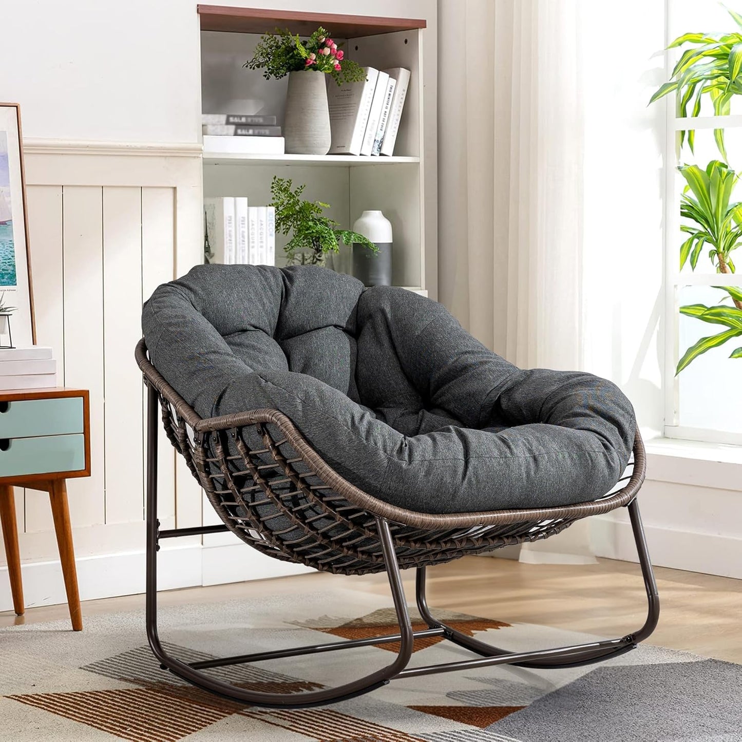 Large Indoor Outdoor Rocking Chair, Oversized Rocking Papasan Chair with Thick Cushion and Frame Outdoor Rocker, Comfy Wicker Egg Chairs Lounge for outside Porch Patio Backyard Balcony (Beige)