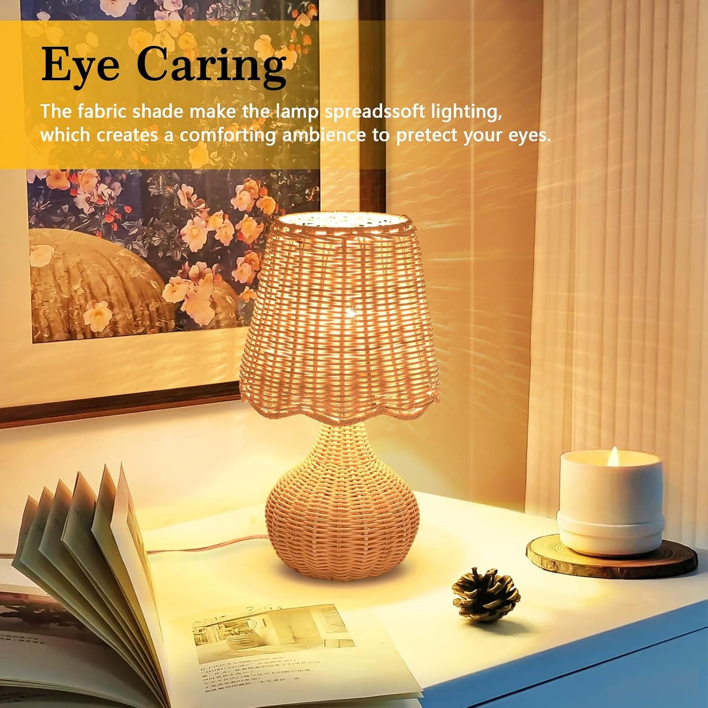 Rattan Small Bedside Table Lamp for Bedroom, Boho Mini Table Lamps for Nightstand, Farmhouse Small Table Lamps for Small Spaces for Kitchen Counter, Bookshelf, Bedroom, Kids Dorm