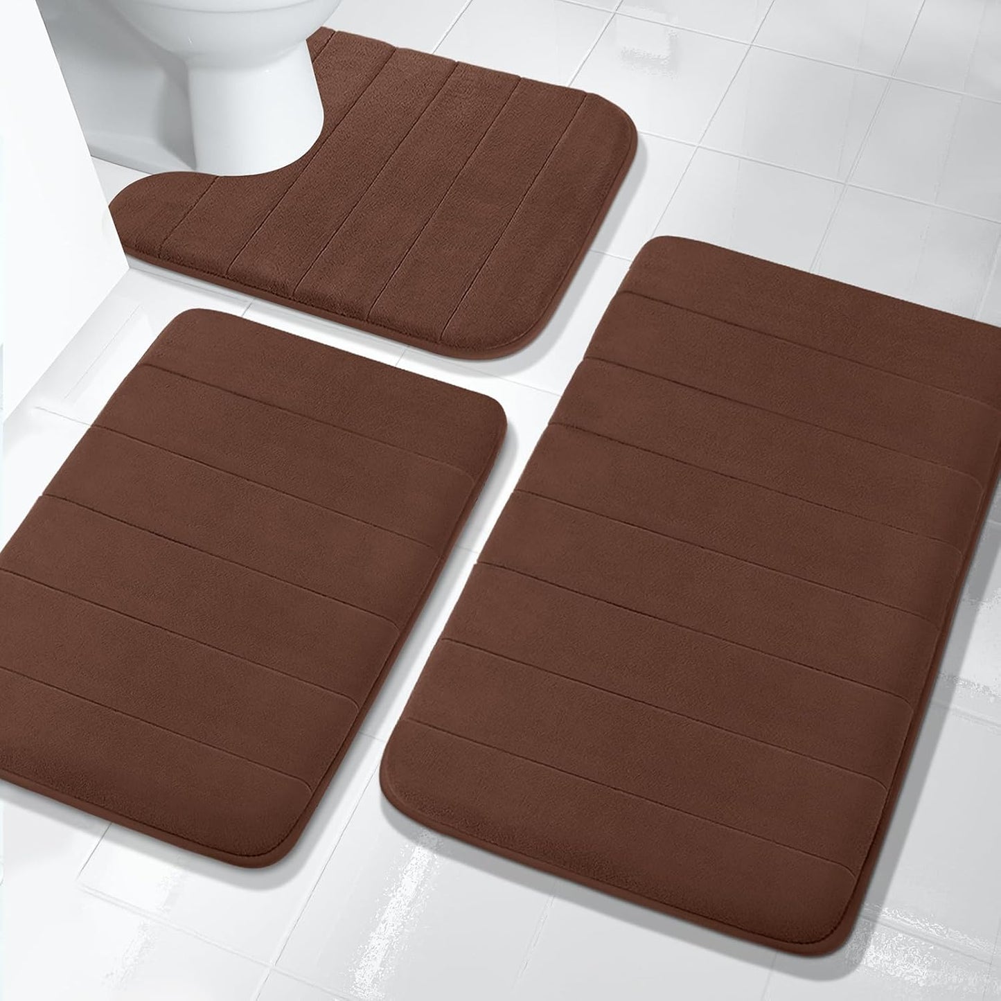 3 Pieces Memory Foam Bath Mat Set with U-Shaped Toilet Rug - Non Slip Super Soft Absorbent Quick Dry Bathroom Rugs for Bathtub, Vanity & Toilet Base, Beige