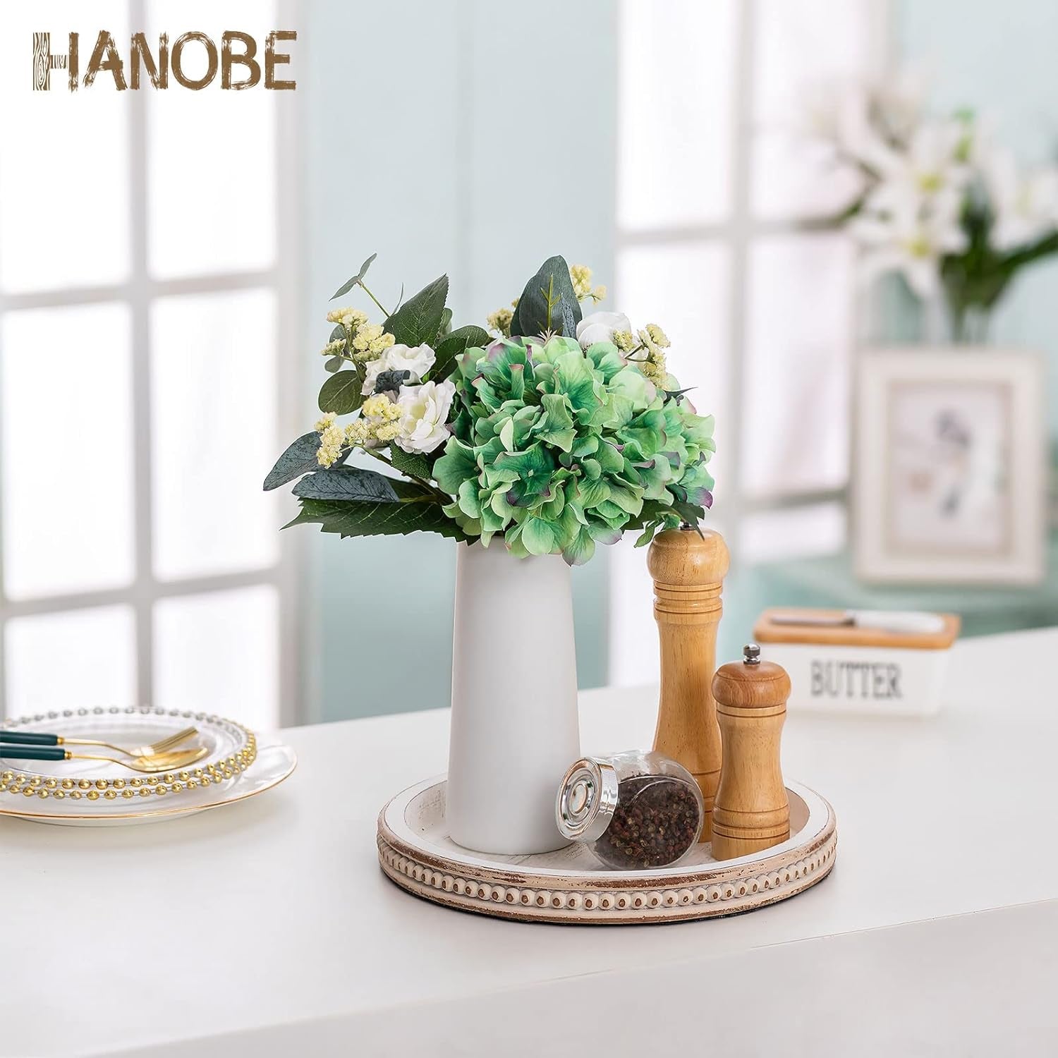 Decorative Serving Tray Wood: White Washed Bead round Tray Decor for Coffee Table Rustic Wooden Trays Farmhouse Centerpiece for Living Room Kitchen Counter