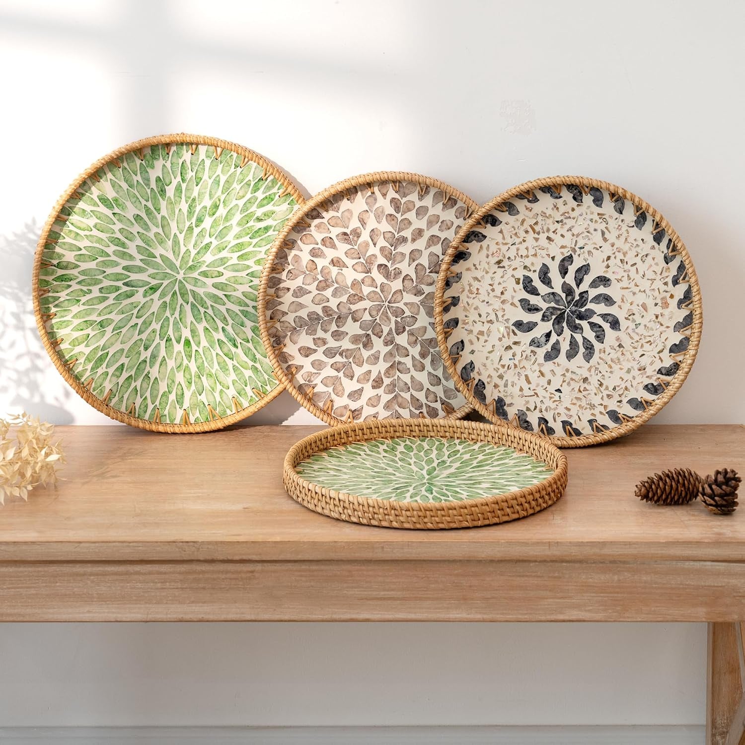 Decorative Coffee Table Trays for Home Decor, round Rattan Tray with Mother of Pearl Inlay, Small Wicker Woven Serving Tray Decor for Kitchen Counter, Living Room and Ottoman, Green