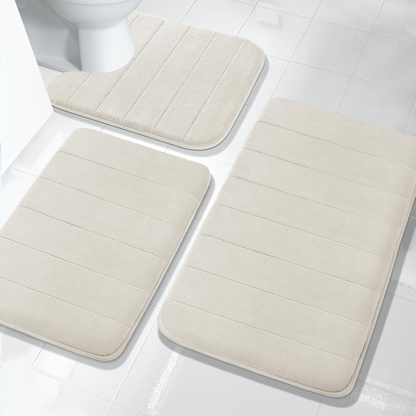 3 Pieces Memory Foam Bath Mat Set with U-Shaped Toilet Rug - Non Slip Super Soft Absorbent Quick Dry Bathroom Rugs for Bathtub, Vanity & Toilet Base, Beige