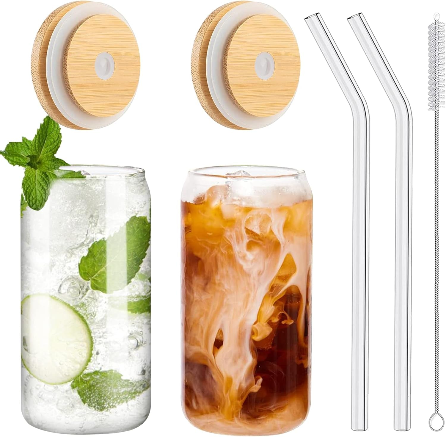 Drinking Glasses with Bamboo Lids and Glass Straw 2PCS Set, 16Oz Glass Cups with Lids and Straws, Beer, Iced Coffee Glasses, Soda, Gift 1 Cleaning Brushes