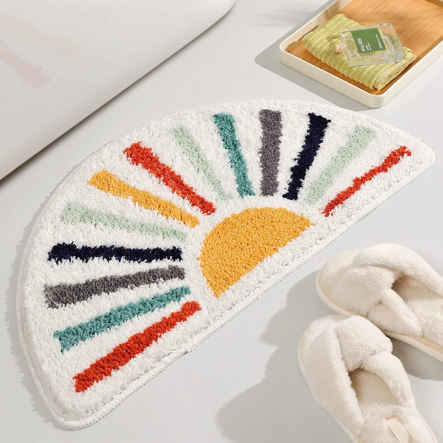 Colorful Boho Bath Mat Half round Water Absorbent Non-Slip Bathroom Rugs, Machine Washable Soft Microfiber Sun Bath Rug for Bathroom, Shower, Room