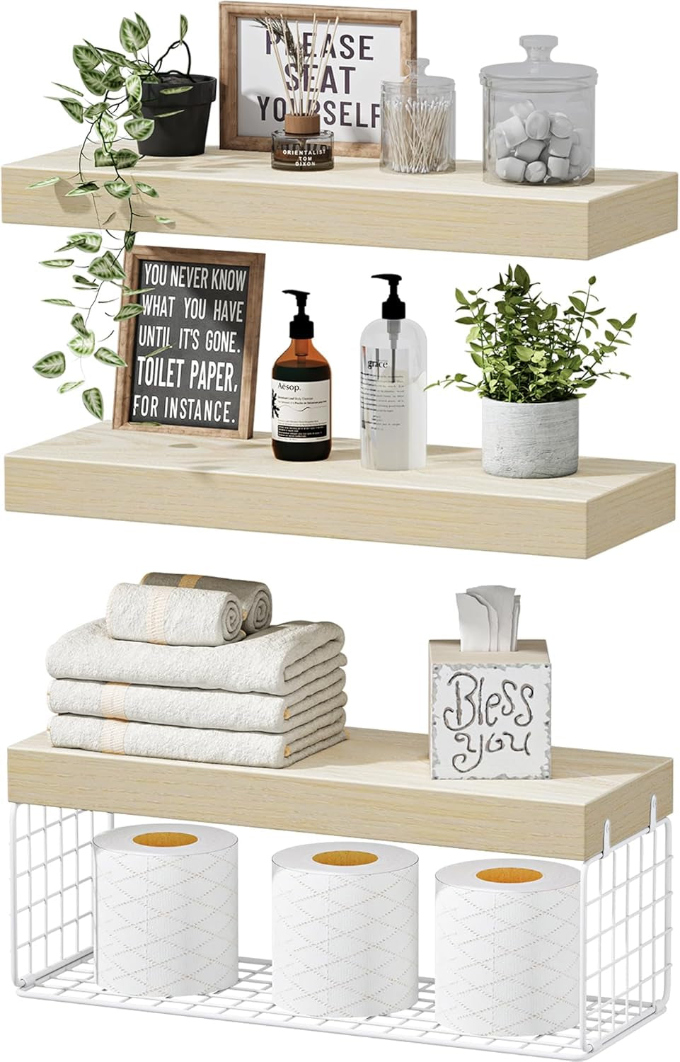 Bathroom Shelves over Toilet - Wall Mounted Floating Shelves Toilet Paper Storage Small Farmhouse Decor Shelf 16 Inch Set of 2, Rustic Brown (019-BN2)