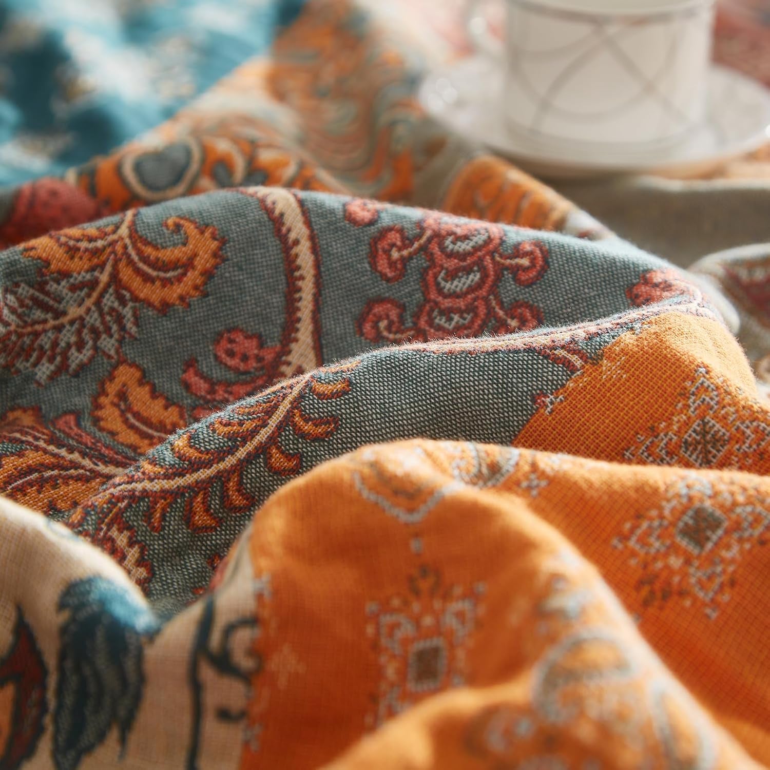 Boho Throw Blanket for Couch Sofa Bed, 100% Cotton Woven Quilt with Tassel 60”X80”, Super Soft Muslin Blanket with Floral Printed, Decorative Reversible Bed Blanket/Cover for All Seasons