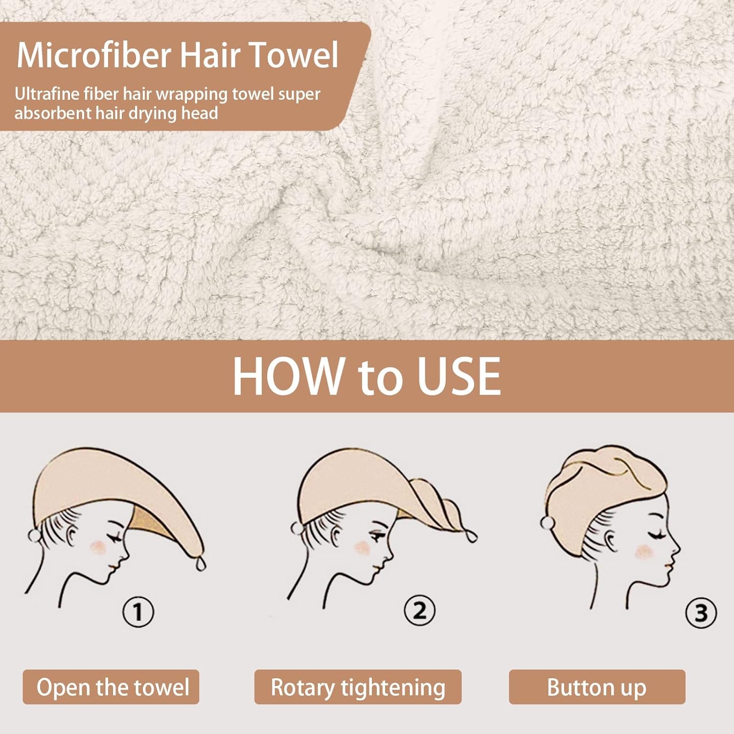 3 PCS Microfiber Hair Towel - Wraps for Wet Hair, anti Frizz Turbans, for Curly Hair (Beige, Khaki, Grey)