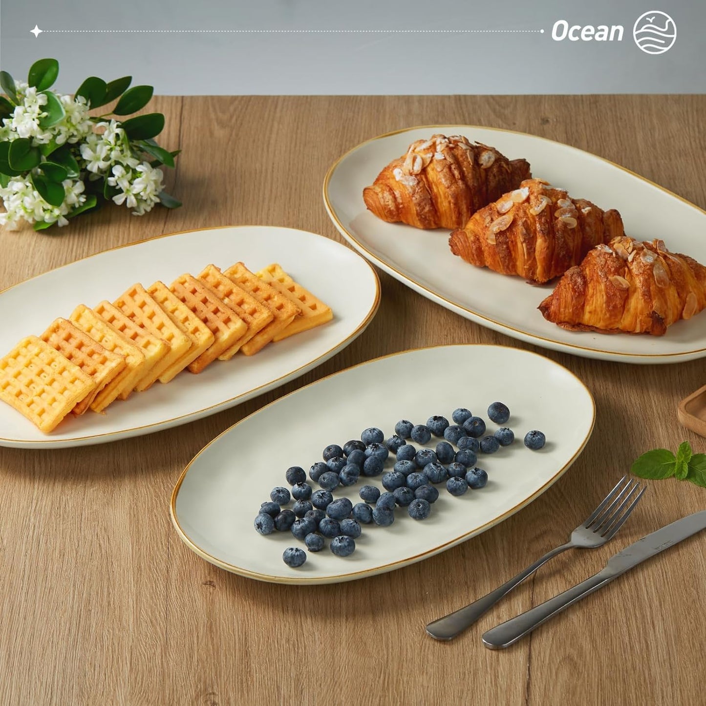 Serving Platter, Oval 15.59/14.3/12.9Inch Serving Dishes for Entertaining, Serving Bowls, Microwave Safe, Stoneware Serving Trays for Party, Food, Turkey, Cheese, Ocean Series, Vanilla White