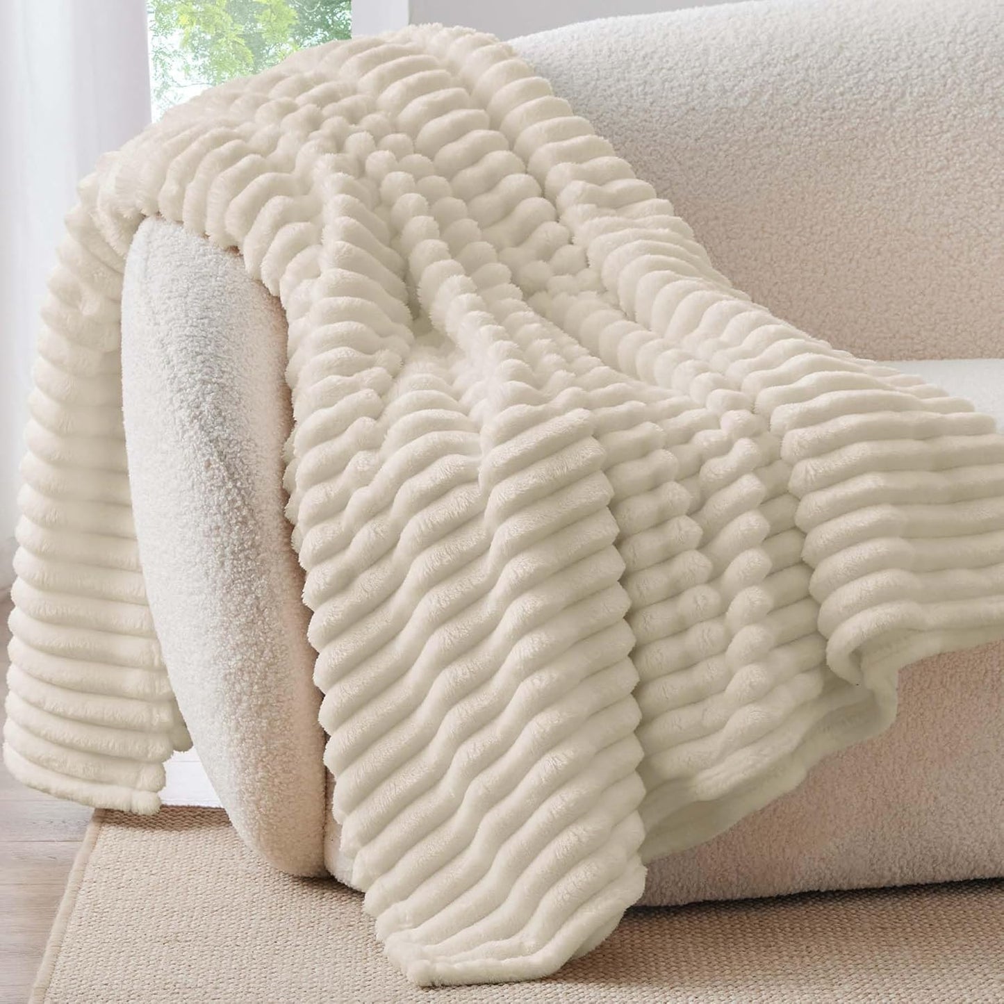 Fleece Throw Blanket for Couch - 300GSM Soft & Warm Fluffy Cream White Blanket, Decorative and Giftable Striped Blankets for Women, Men, 50"X60"