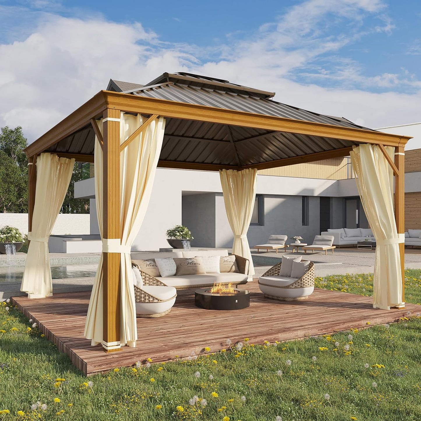 10' X 12' Hardtop Gazebo, Metal Gazebo with Aluminum Frame, Double Galvanized Steel Roof, Curtains and Netting Included, Pergolas for Patios, Garden, Parties, Lawns