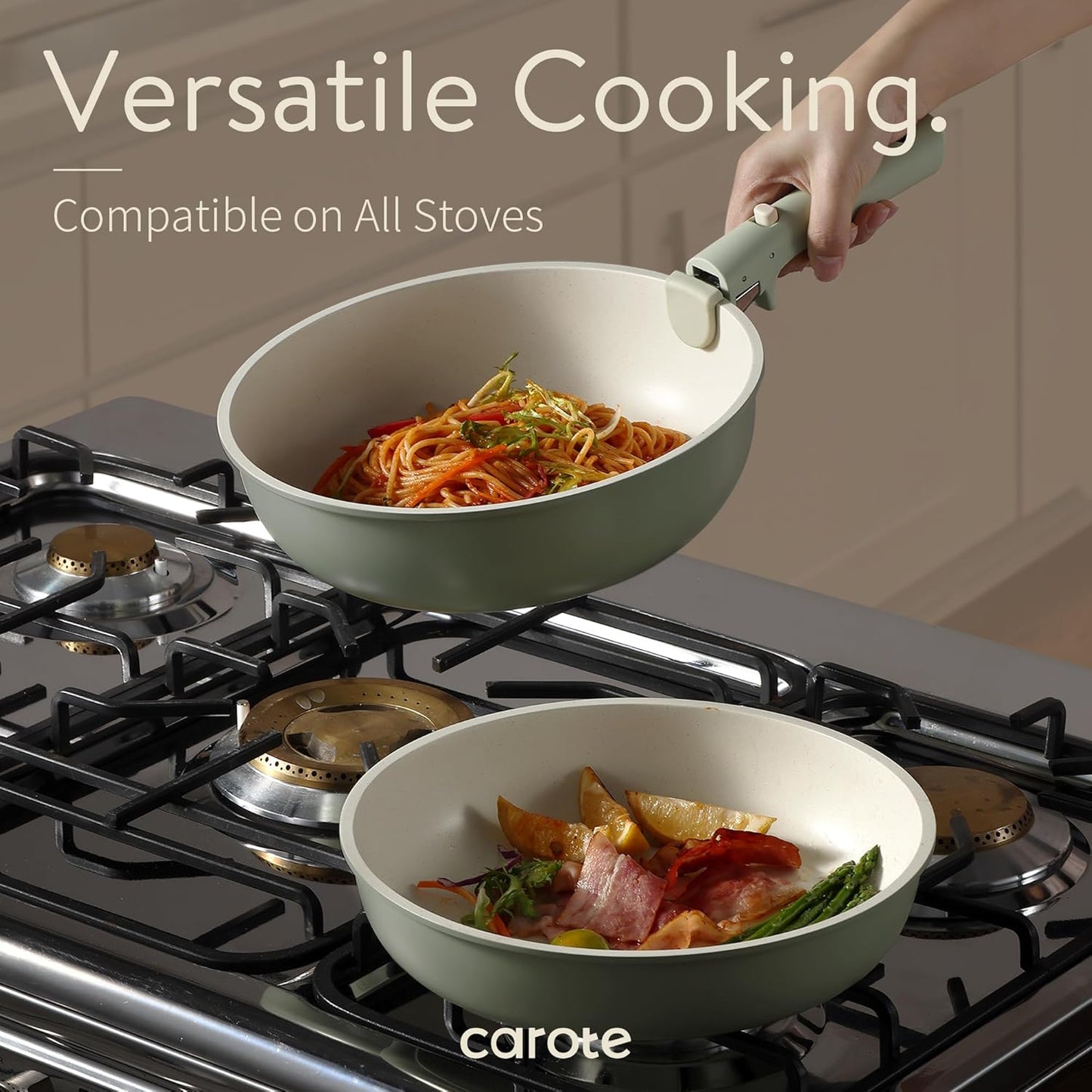 Pots and Pans Set, Nonstick Cookware Set Detachable Handle, 15Pcs Induction Kitchen Cookware Sets Non Stick with Removable Handle, RV Cookware Set, Oven Safe, Sage Green