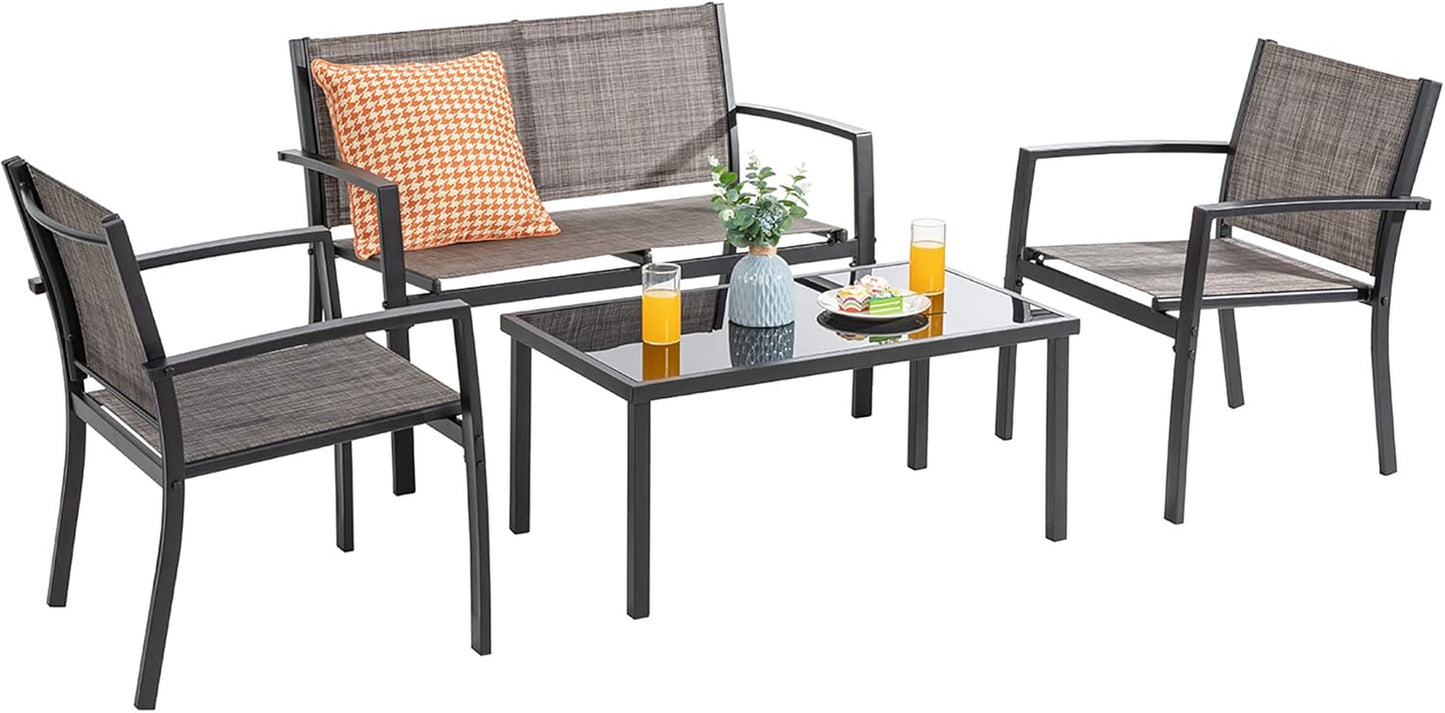 4 Pieces Patio Furniture Sets,Outdoor Patio Conversation Sets with Glass Coffee Table, Small Porch Balcony Furniture, Patio Table and Chairs Set for Garden, Backyard (Black)