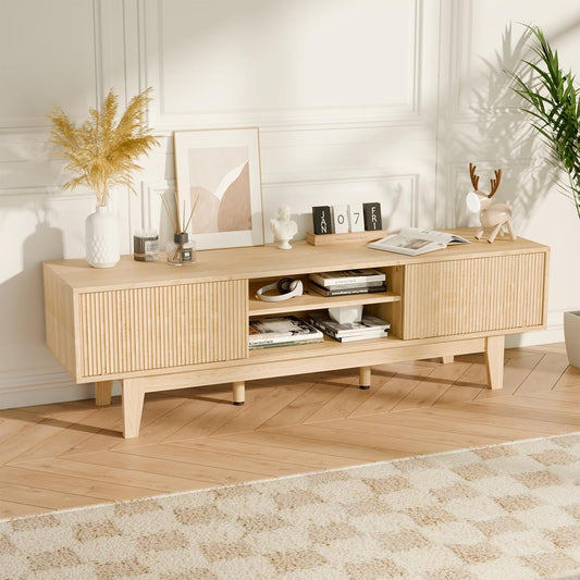 59" Mid-Century Modern TV Stand with Fluted Sliding Doors - Solid Wood Entertainment Center for 55/60/65 Inch TV, Adjustable Shelves, Boho Farmhouse Media Console for Living Room, Bedroom & Office.Oak