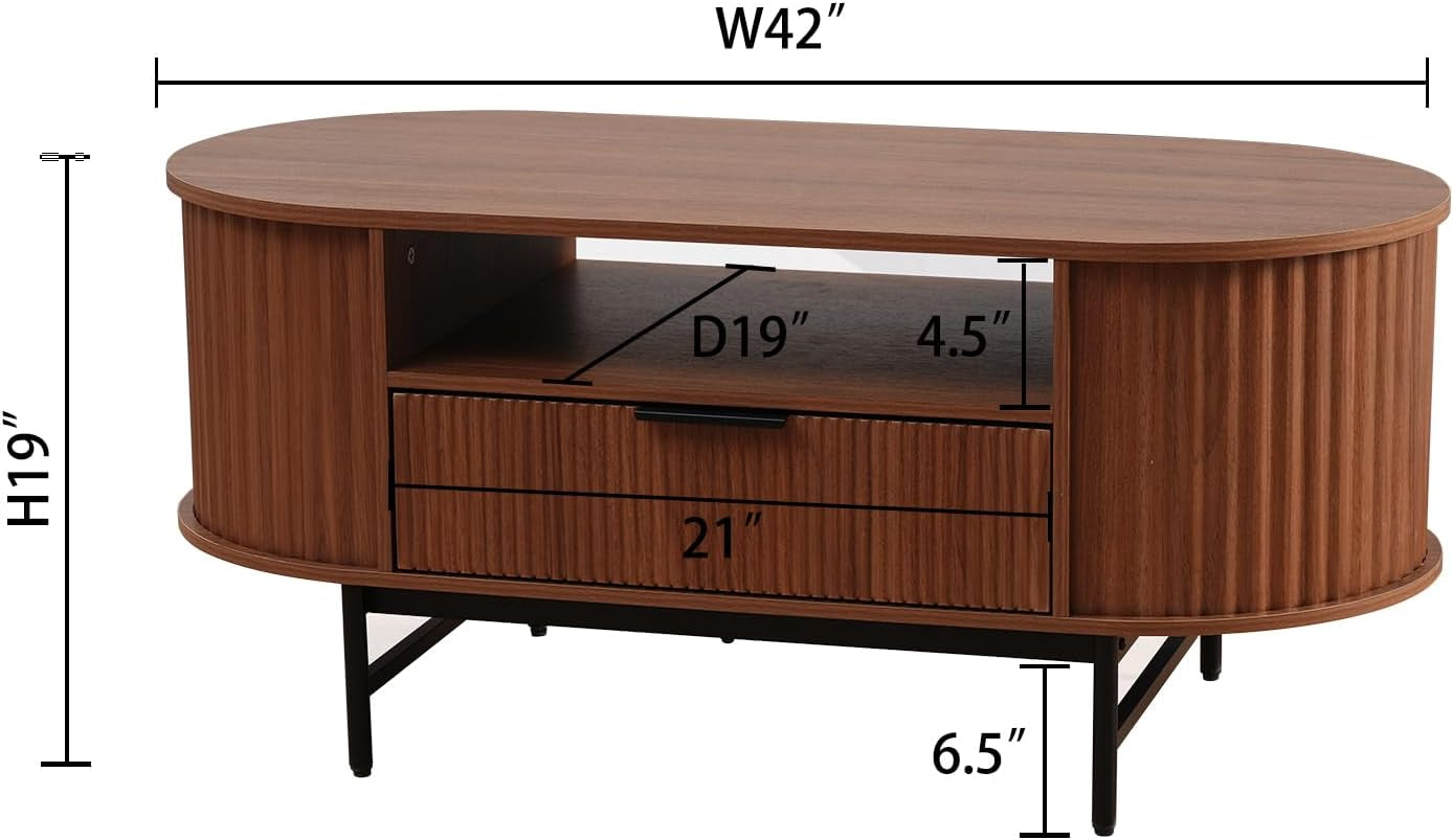 Modern Fluted Coffee Table, 42'' Oval Coffee Table with Drawer, Curved Wooden Center Table with Black Metal Legs for Living Room, Walnut