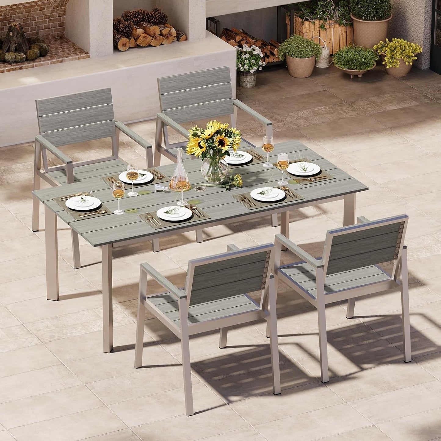 Outdoor Dining Set for 6, Patio Table and Chairs Set with Umbrella Hole, 7 Pieces HDPS Outdoor Furniture Sets for Patio, Garden, Backyard (Gray & Teak)