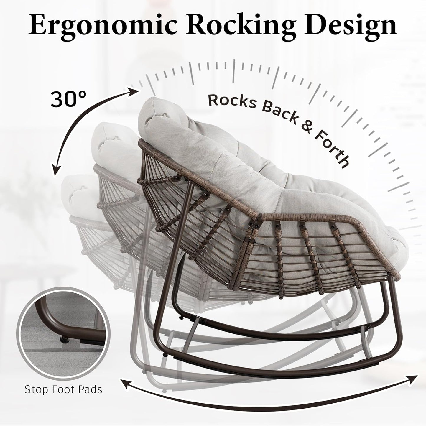 Large Indoor Outdoor Rocking Chair, Oversized Rocking Papasan Chair with Thick Cushion and Frame Outdoor Rocker, Comfy Wicker Egg Chairs Lounge for outside Porch Patio Backyard Balcony (Beige)
