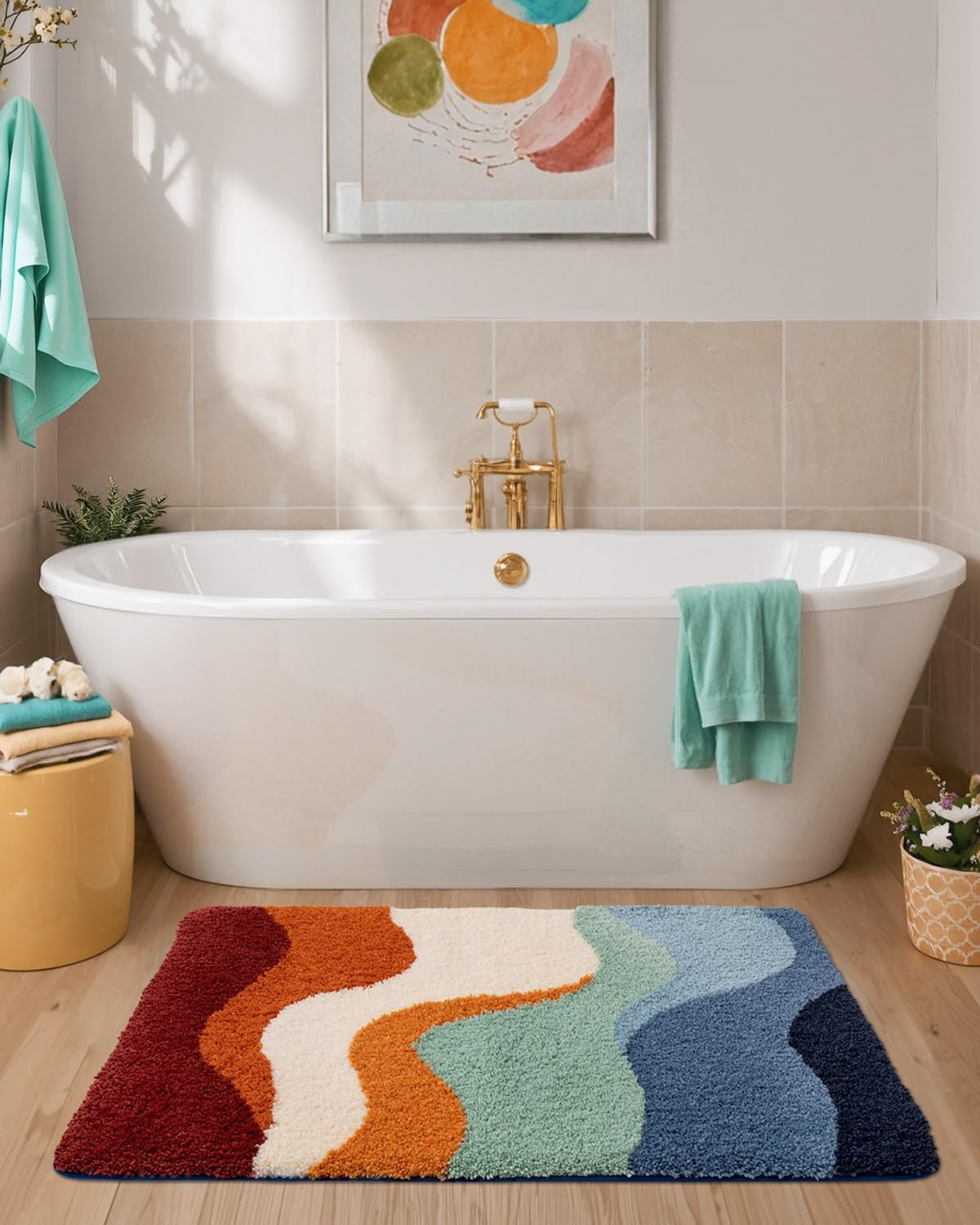 Bathroom Rug Washable, 17X30 Non Slip Bath Mat Absorbent, Soft Plush Microfiber Bathmat Quick Dry for Shower Floor, Colorful