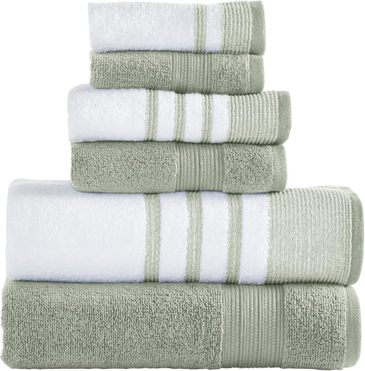 6 Piece Set, 2 Bath Towels, 2 Hand Towels, 2 Washcloths, Quick Dry White/Contrast Reinhart Sage