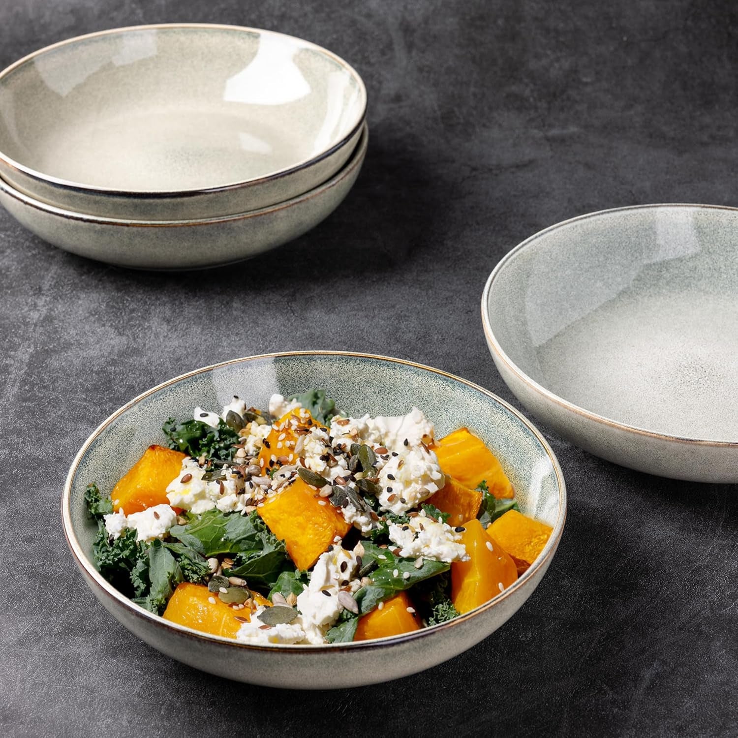 8.5'' Large Pasta Bowls, 36Oz Stoneware Wide Serving Bowls Set of 4 for Kitchen for Salad,Fruit,Oatmeal, Microwave Safe, Reactive Glaze